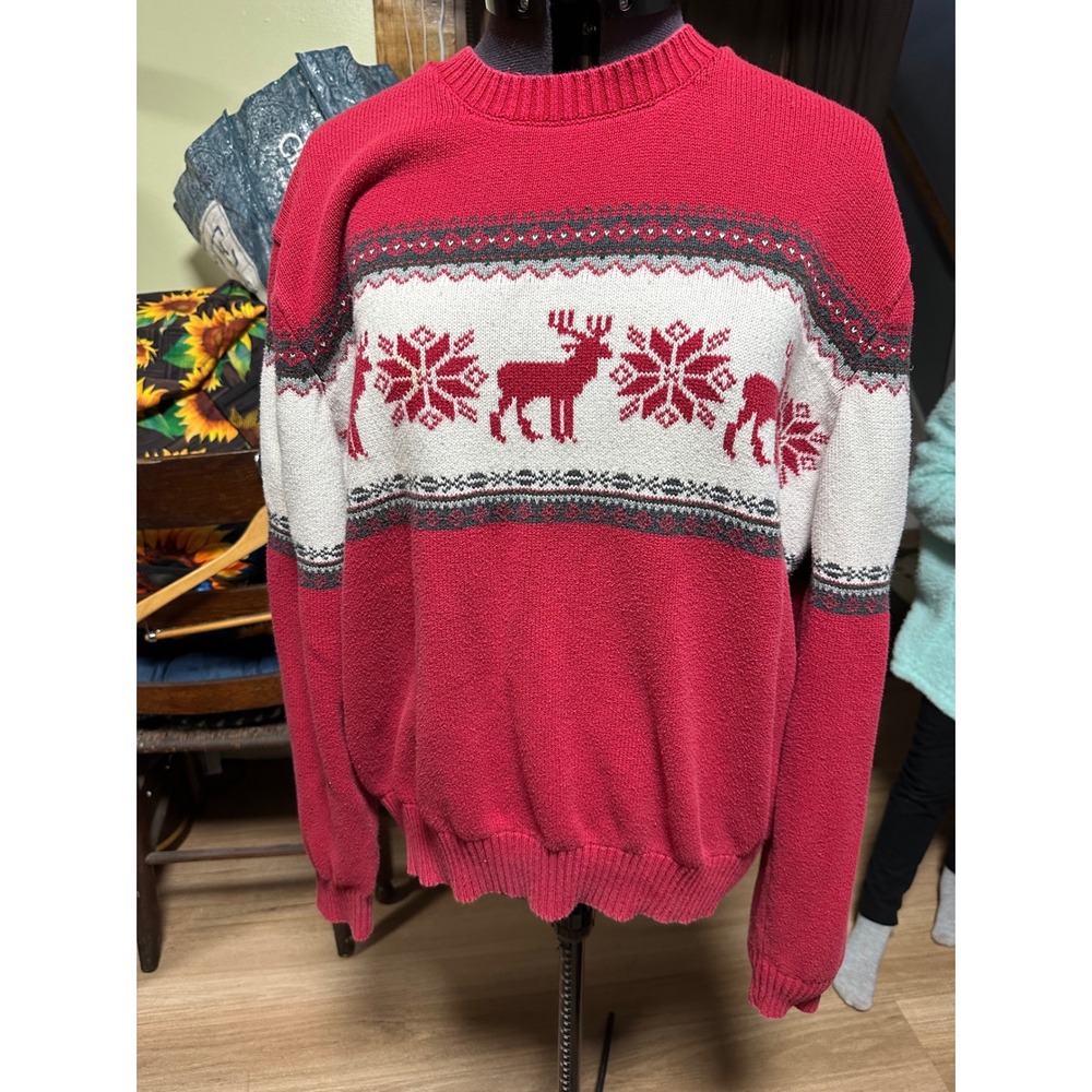St Johns Bay Men's‎ Red Deer Snowflake Fair Isle Knit Sweater L 100% Cotton